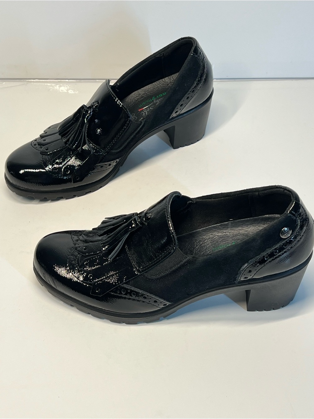 ENVAL W EU 37 US 6.5Black Patent Leather Kiltie Loafers Block Heel Comfort Shoes